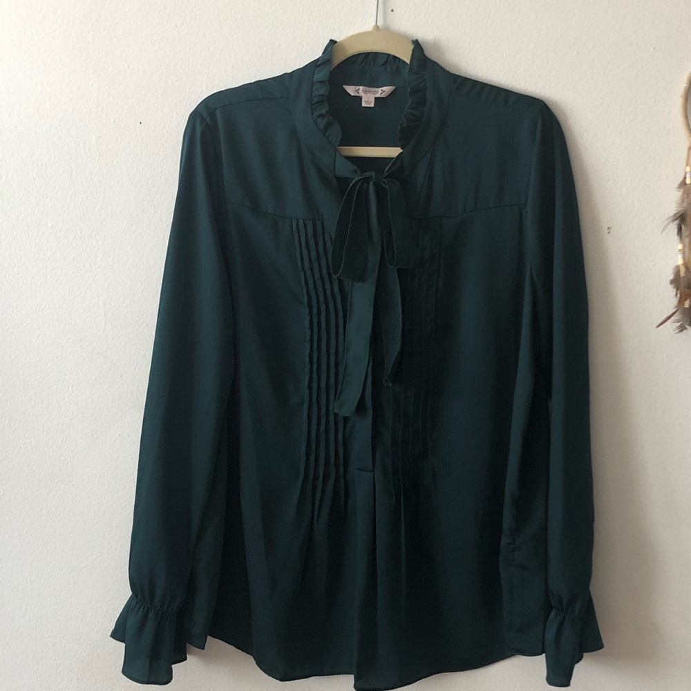 Bowtie teal silky blouse.